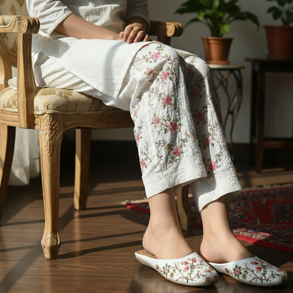 Person wearing floral-patterned pants and slippers sitting on a wooden chair in a home setting.