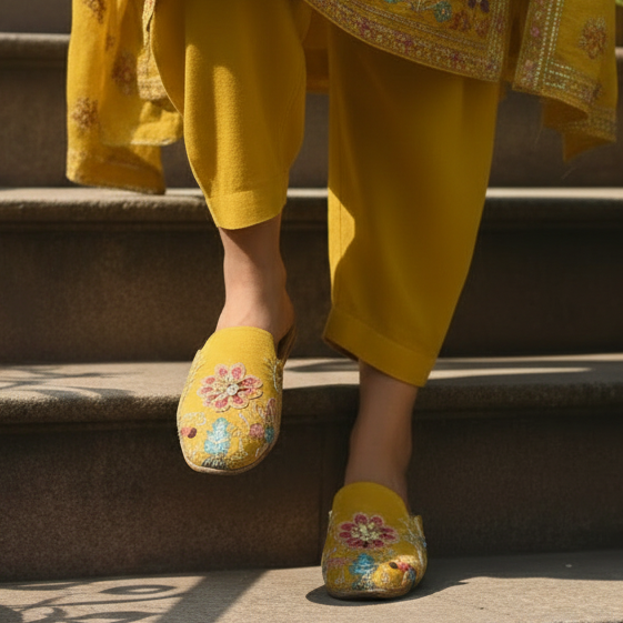 Person wearing a yellow traditional outfit with floral patterns on steps outdoors.