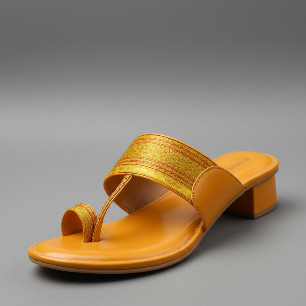 Set of yellow sandals with block heels on a white background