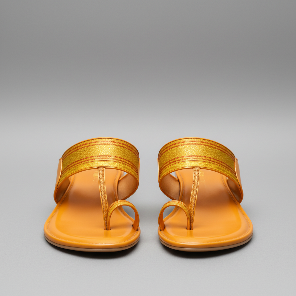 Two pairs of orange sandals with gold straps on a white background.