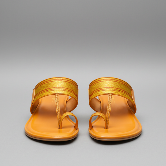 Two pairs of orange sandals with gold straps on a white background.