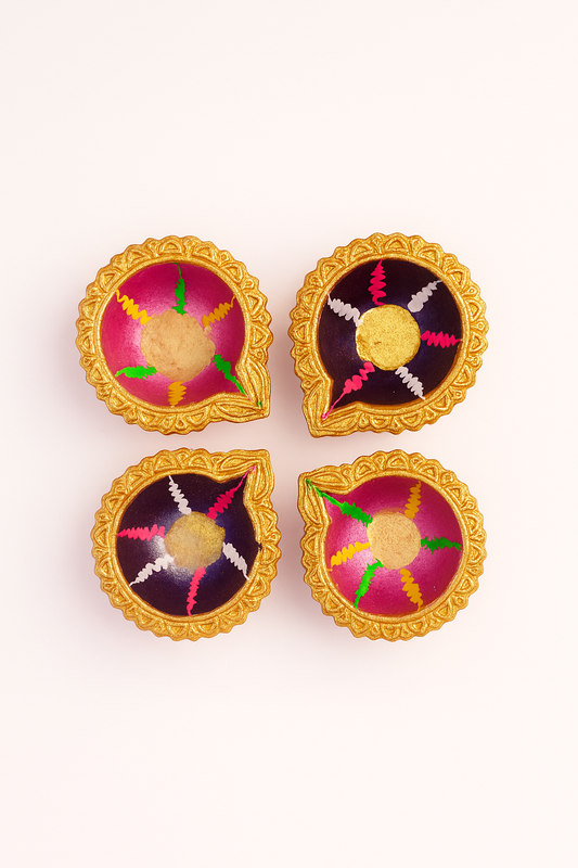 Decorative Diwali Diyas Set of 4 | Handcrafted Clay Oil Lamps | Traditional Handmade Diya for Diwali Decoration, Puja, Home & Gifting | (Multi-Color)