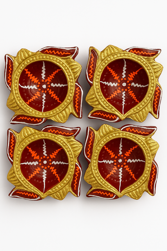 Decorative Diwali Diyas Set of 4 | Handcrafted Clay Oil Lamps | Traditional Handmade Diya for Diwali Decoration, Puja, Home & Gifting | (Multi-Color)