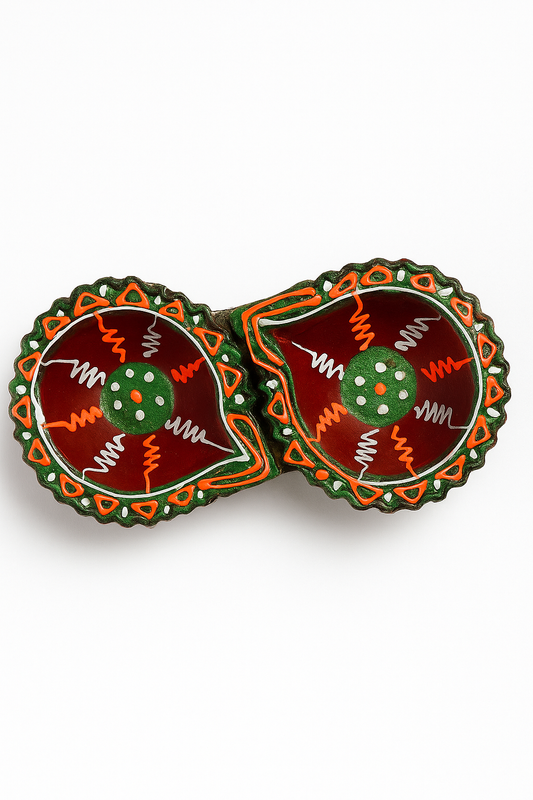 Decorative Diwali Diyas Set of 2 | Handcrafted Clay Oil Lamps | Traditional Handmade Diya for Diwali Decoration, Puja, Home & Gifting | (Multi-Color)