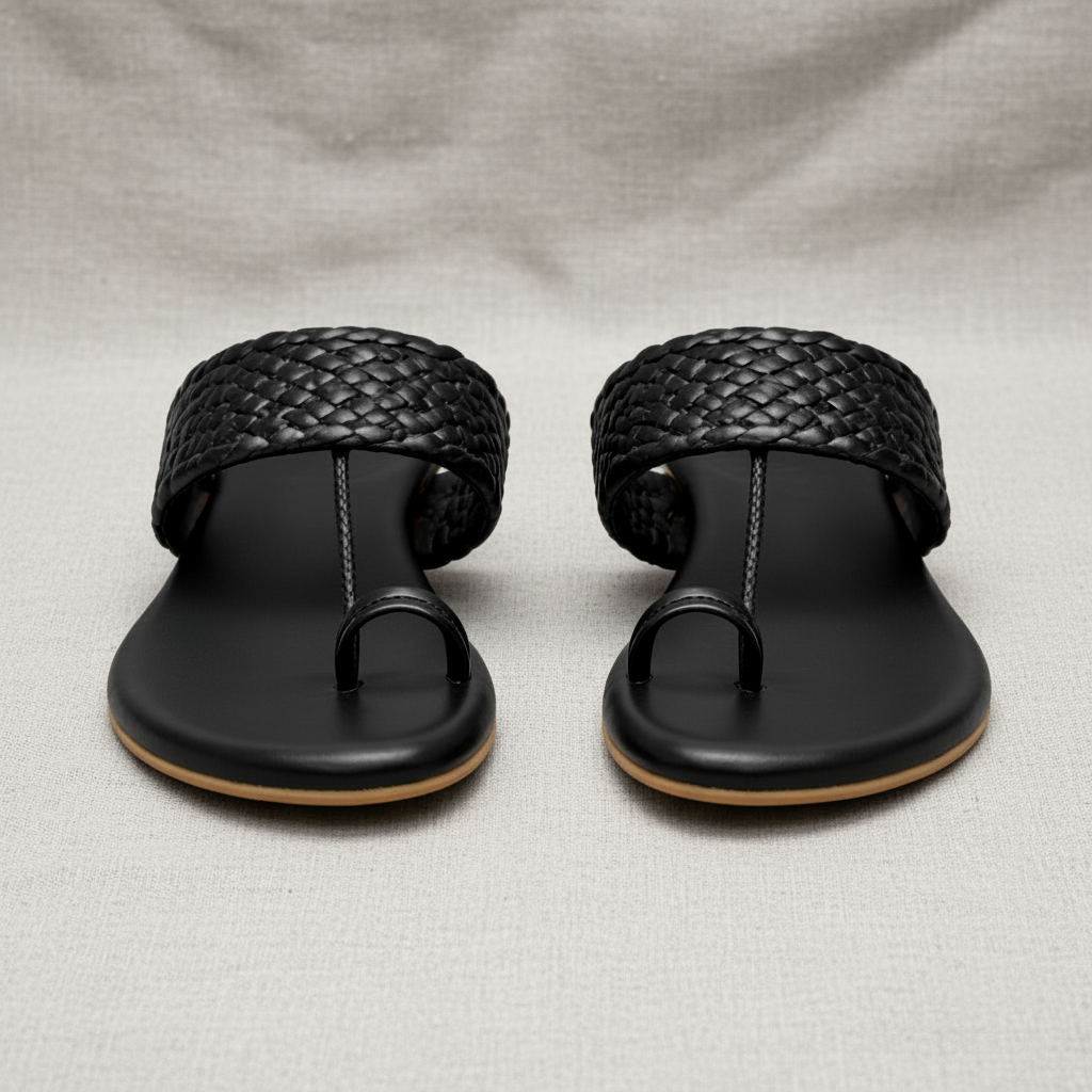 Pair of black woven sandals on a white background