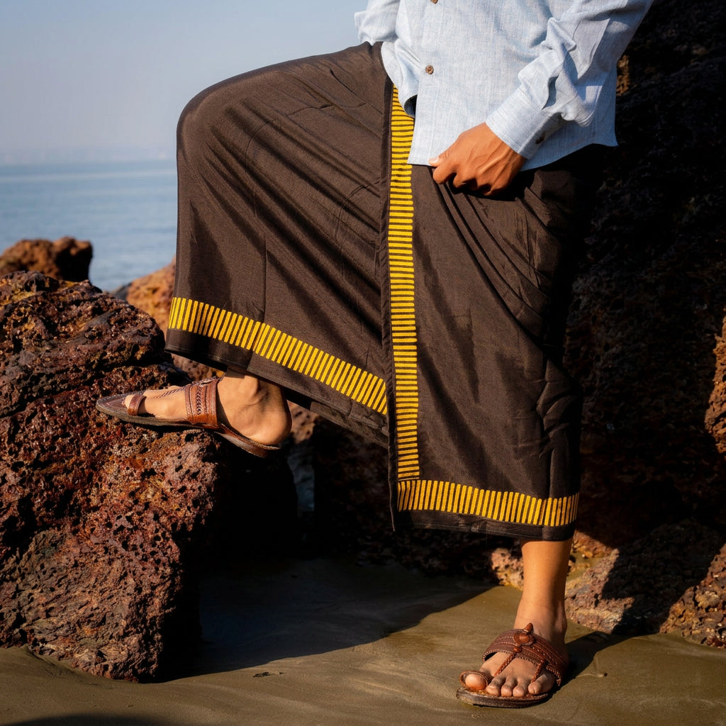 Kora Khaadi Dhoti - Lungi | Veshti | Pancha Wrap - Black and Yellow