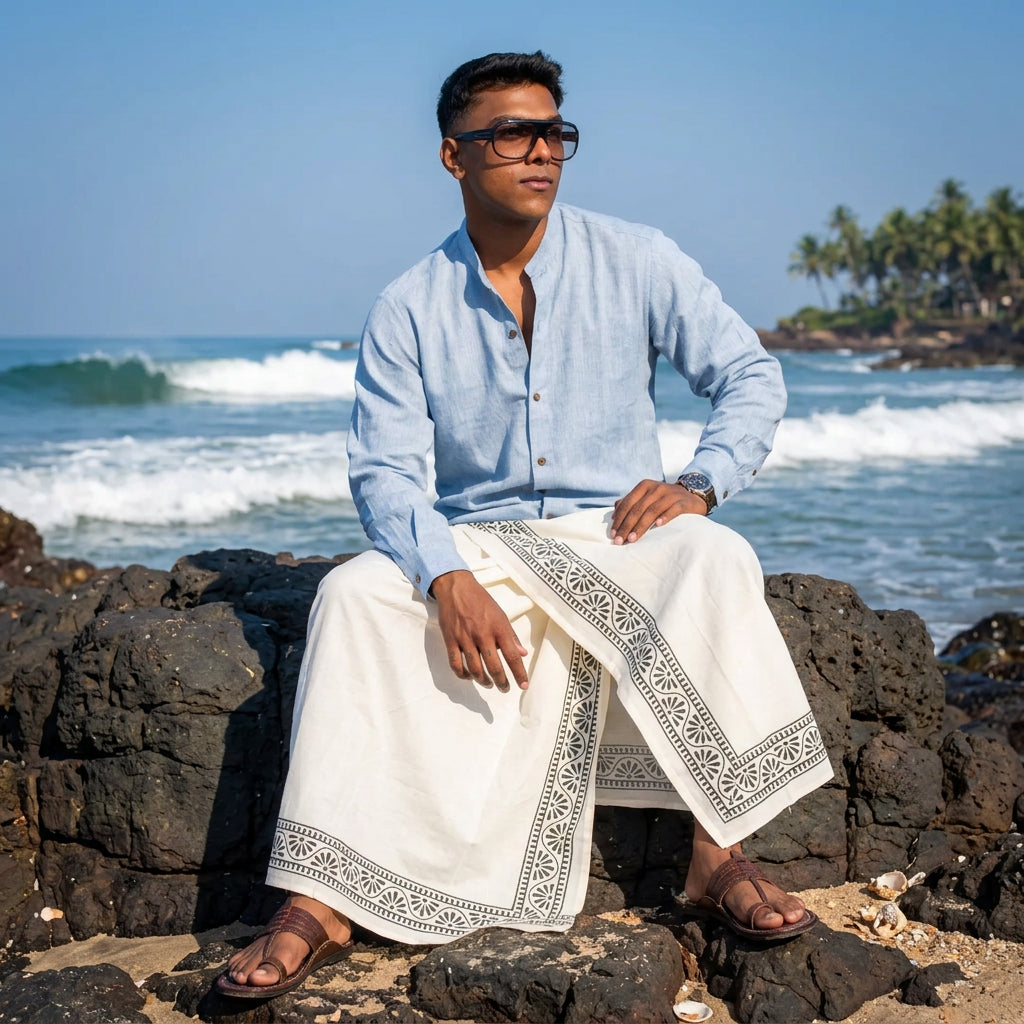Kora Khaadi Dhoti - Lungi | Veshti | Pancha Wrap - White
