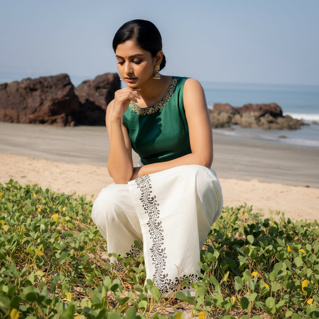Person sitting on a beach wearing a light blue shirt and white pants with embroidery, sunglasses, and a yellow flag in the background.