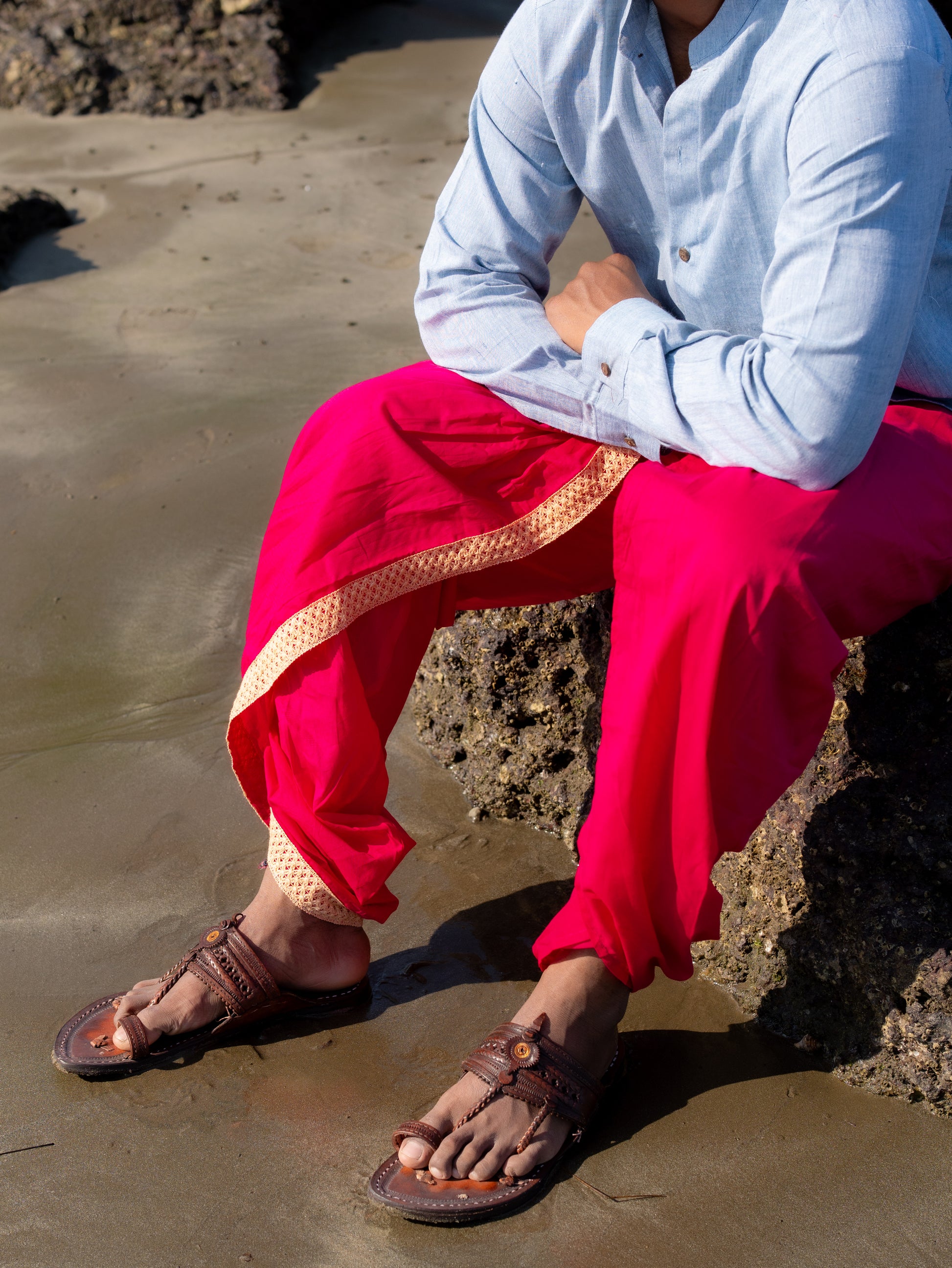 Dhoti Drapers for men with border in maroon by NIIRA, khadi cotton dhoti pants