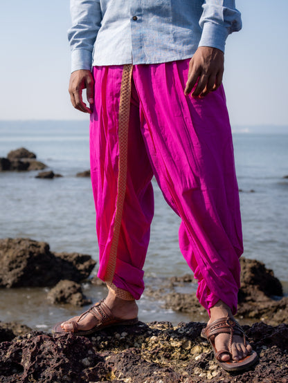 Dhoti Drapers for men with border in pink by NIIRA, khadi cotton dhoti pants