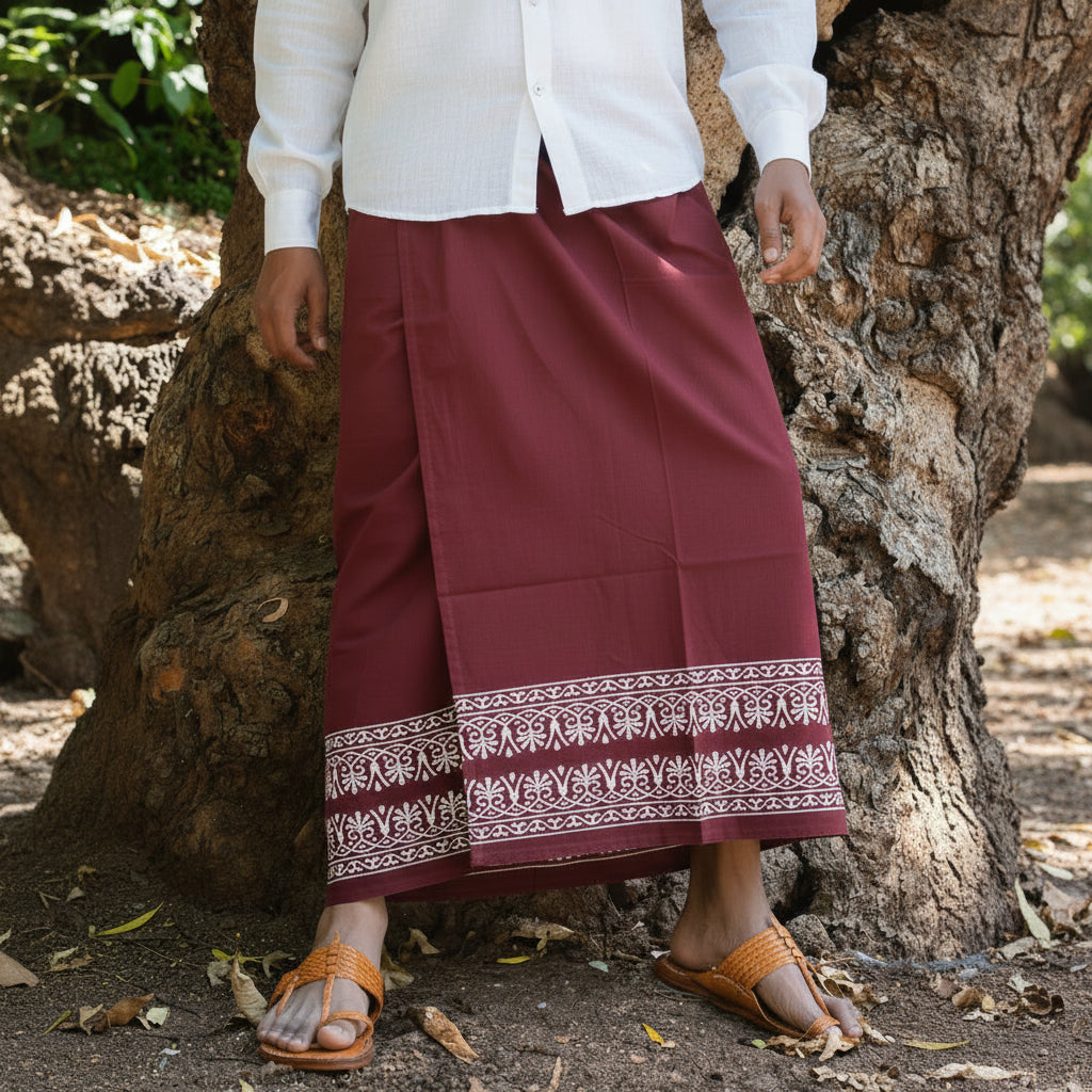 Person wearing a white shirt and maroon skirt with a patterned hem, standing outdoors.