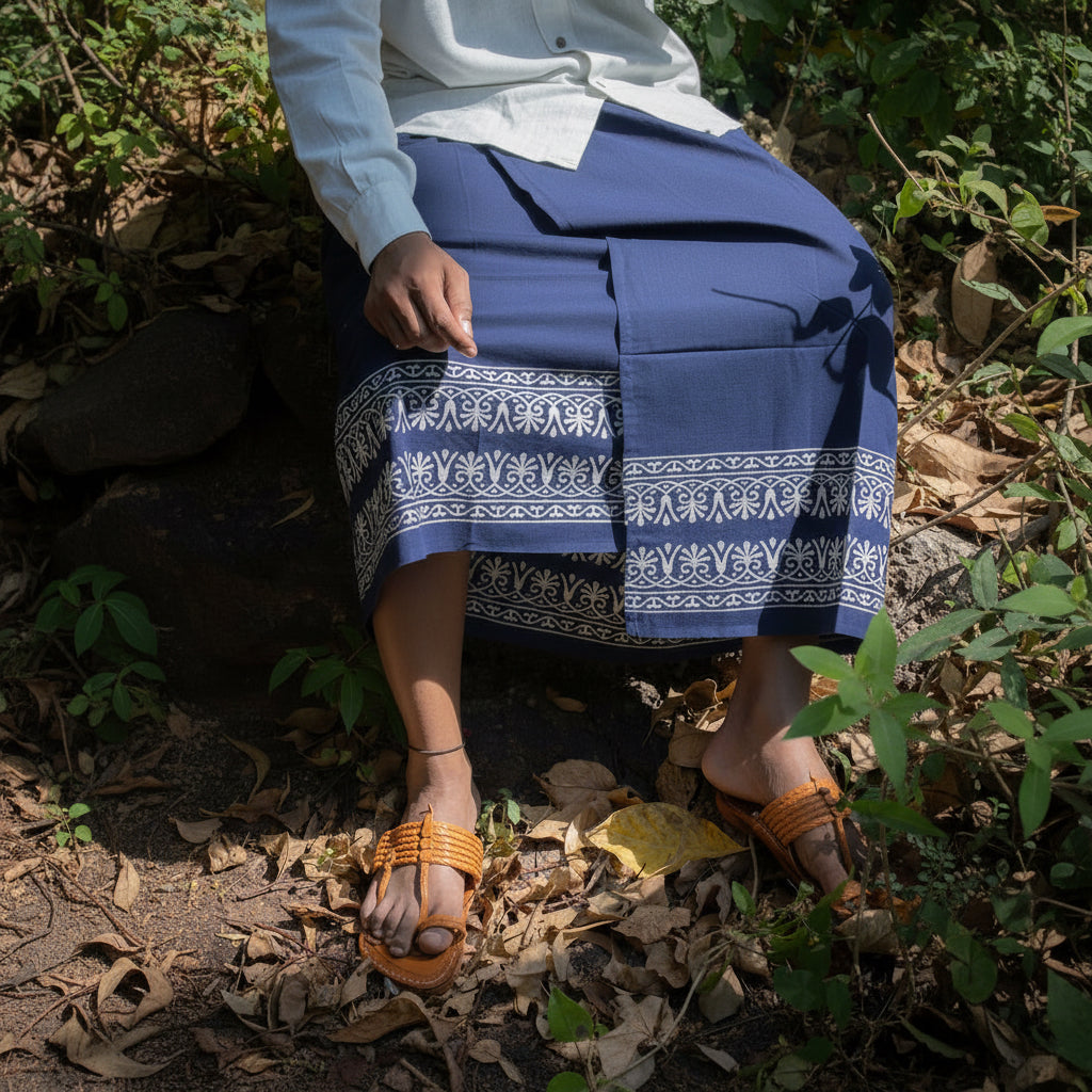 Person wearing a blue skirt with white patterns sitting on the ground among leaves and plants.