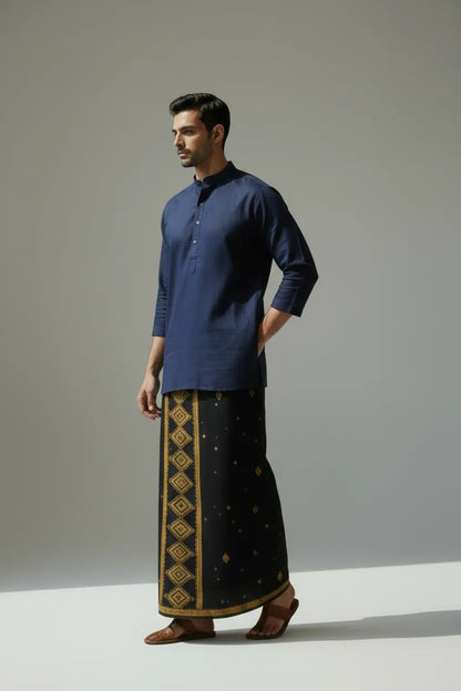 Cotton Kora Khaadi Dhoti - Lungi Wrap| Block Printed Dhoti - Lungi Wrap for Men | 100% Handwoven Cotton | Ethnic Comfort Wrap - Squares