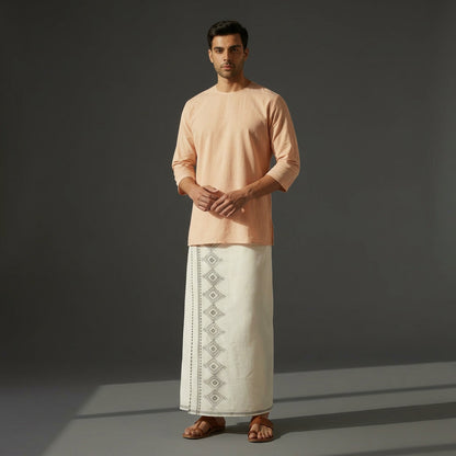 Cotton Kora Khaadi Dhoti - Lungi Wrap| Block Printed Dhoti - Lungi Wrap for Men | 100% Handwoven Cotton | Ethnic Comfort Wrap - Squares