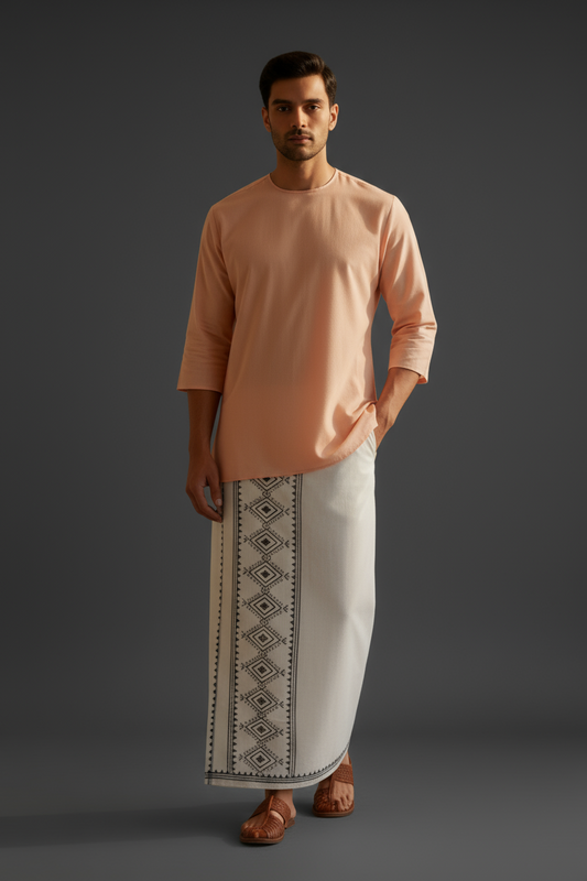 Cotton Kora Khaadi Dhoti - Lungi Wrap| Block Printed Dhoti - Lungi Wrap for Men | 100% Handwoven Cotton | Traditional Hand Block Print | Breathable, Soft & Comfortable Wear | Ethnic Comfort Wrap - Squares