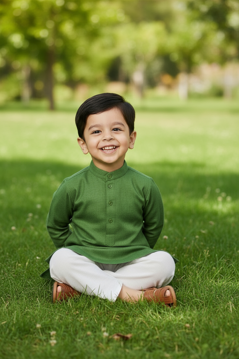 Child wearing a green kurta with white pants on a gray background