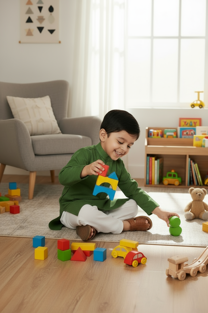 Child wearing a green kurta with white pants on a gray background