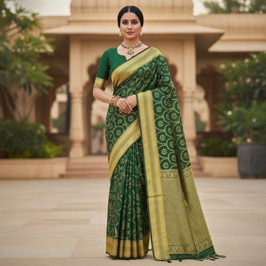 Woman wearing a green and yellow saree with a traditional setting in the background