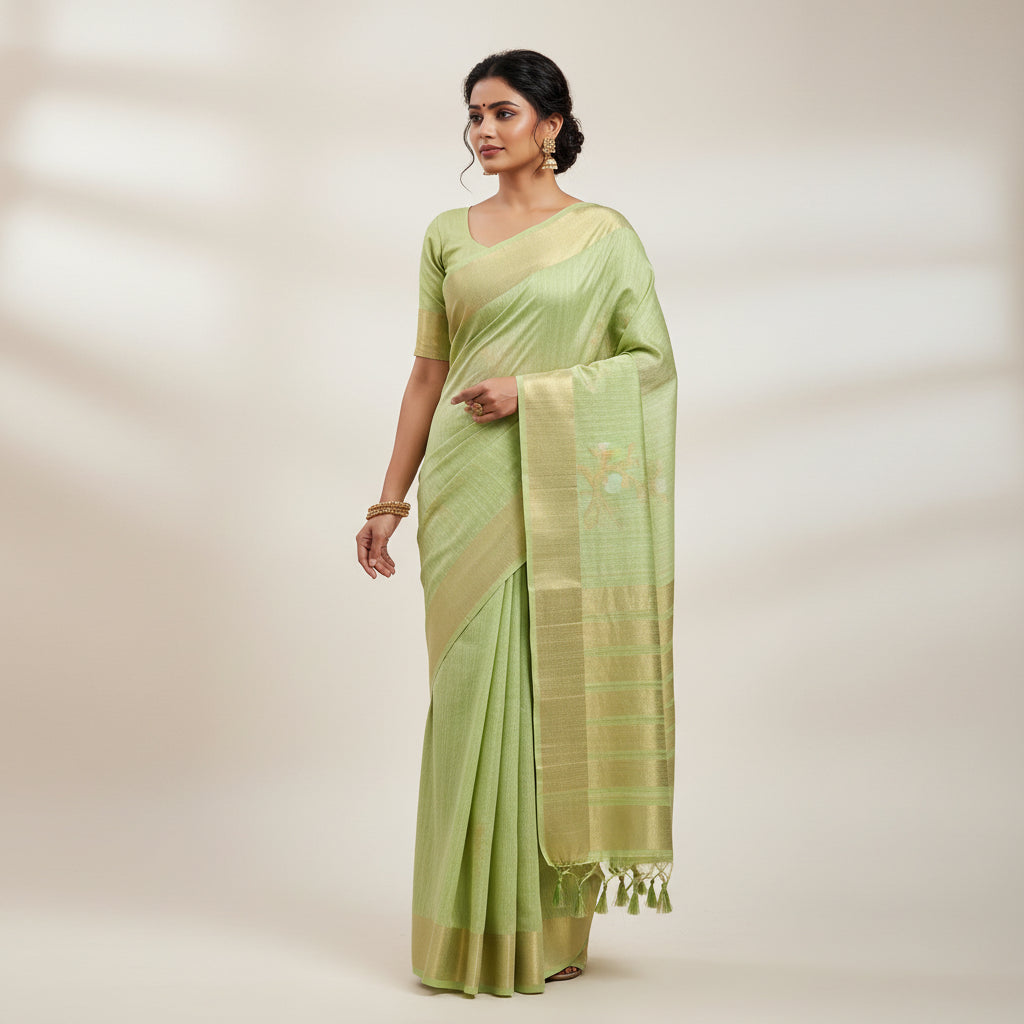 Green woven mat with tassels on a textured surface with leaves and decorative items.