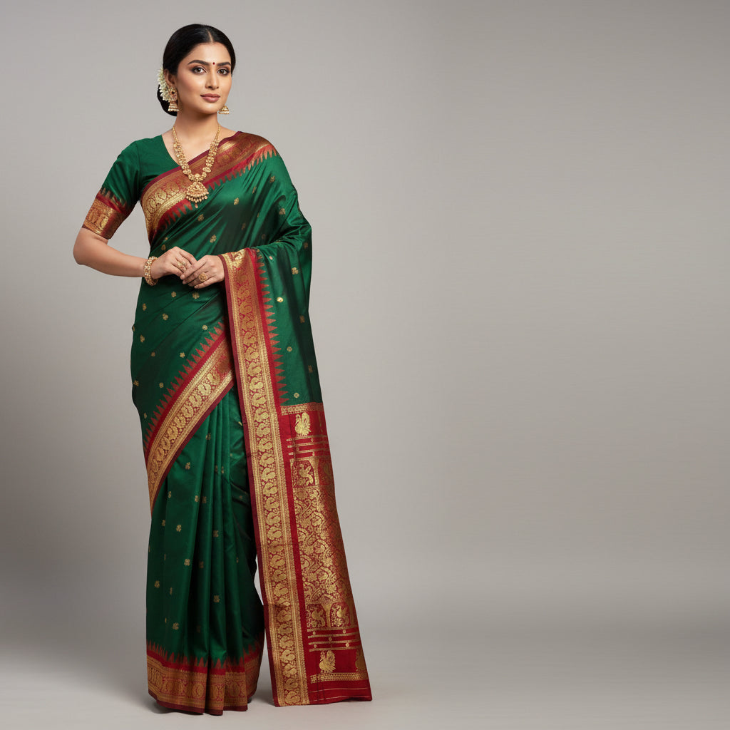 Green and red saree with gold patterns on a white background