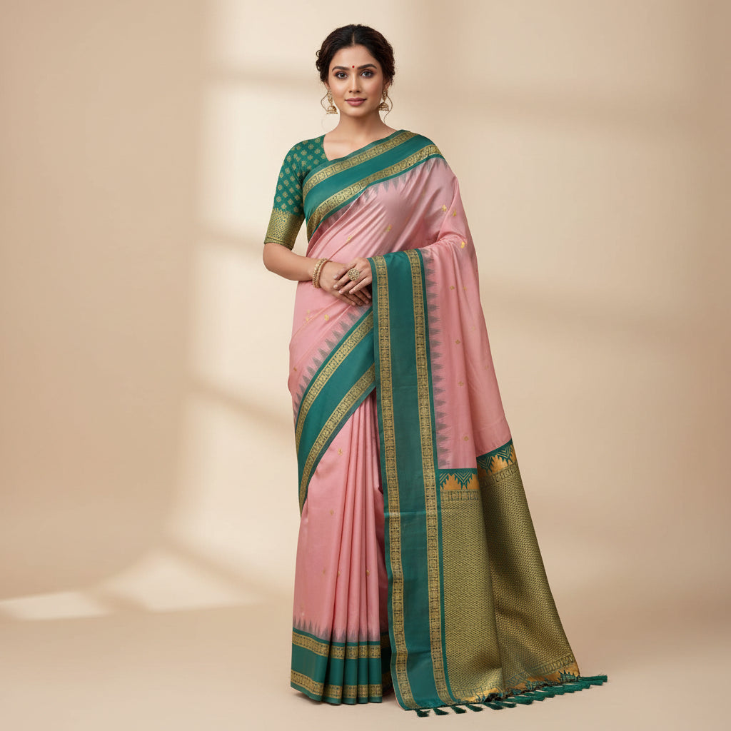 Green and gold saree with a pink blouse on a white background