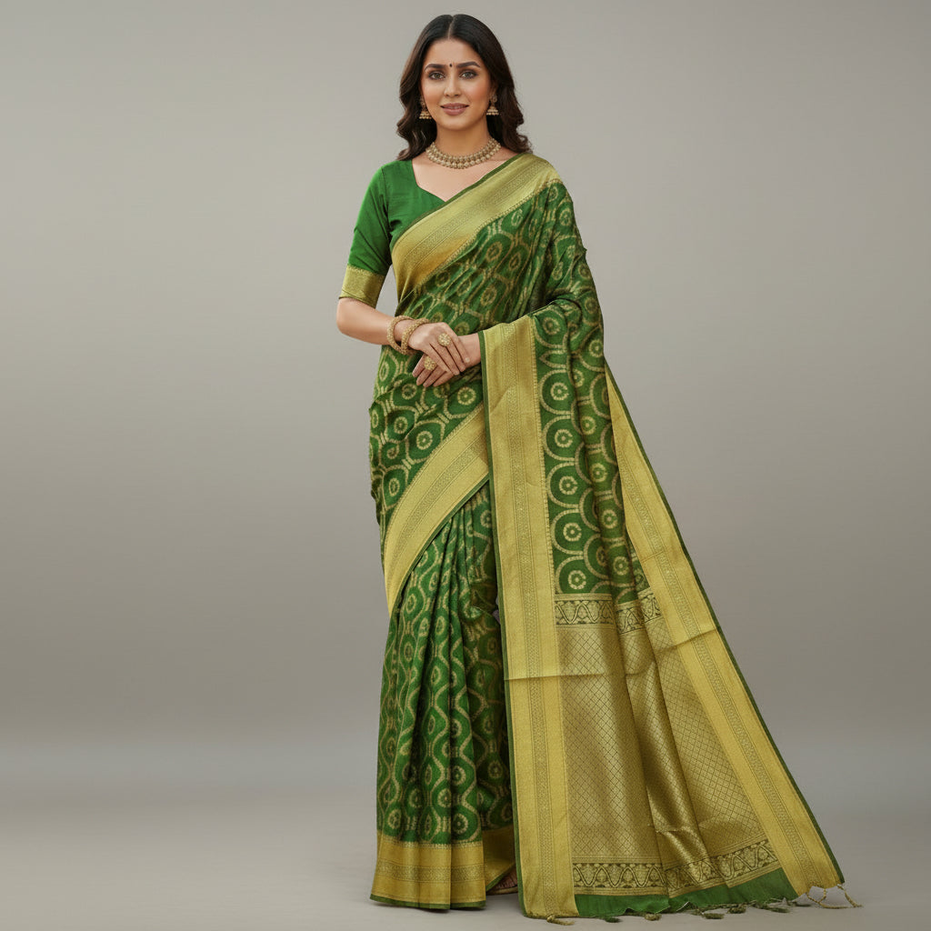 Green and yellow saree with intricate patterns, worn by a woman and displayed on a table.