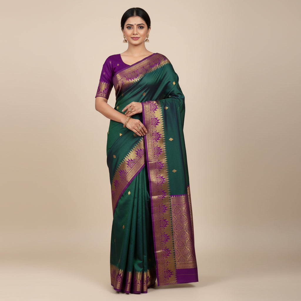 Green and purple saree with a matching blouse on a white background
