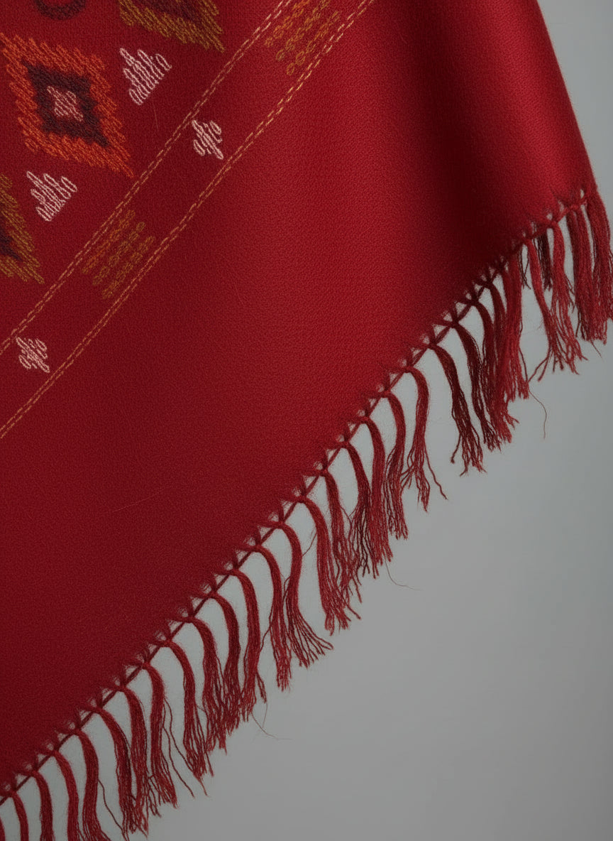 Authentic Kullu Handloom Woven Pure Wool Shawl - Red | Women |