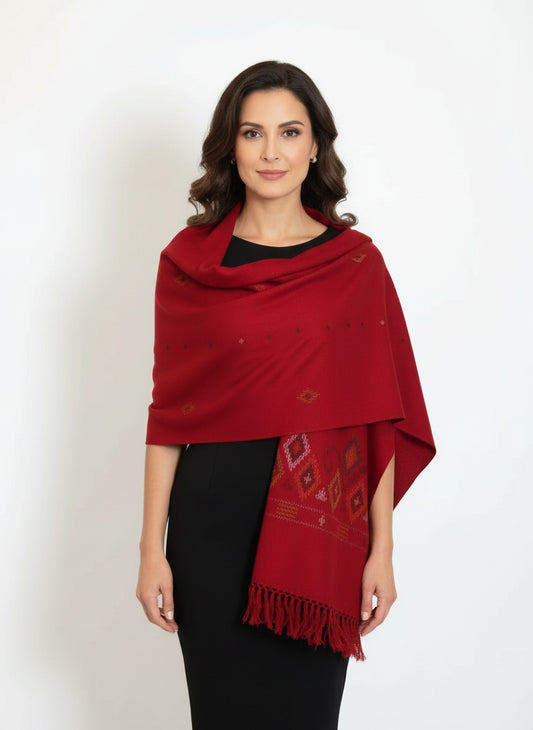 Authentic Kullu Handloom Woven Pure Wool Shawl - Red | Women |