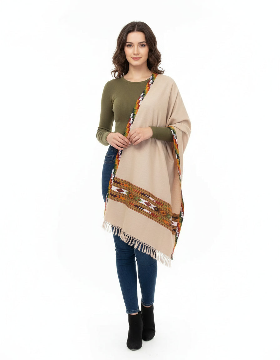 Authentic Kullu Handloom Hand Woven | Wool Kullu Shawl – Cream | Women |