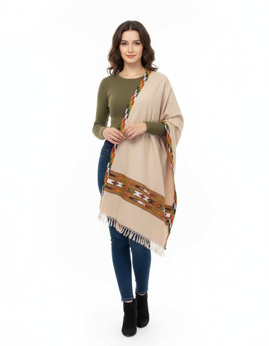 Authentic Kullu Handloom Hand Woven | Wool Kullu Shawl – Cream | Women |