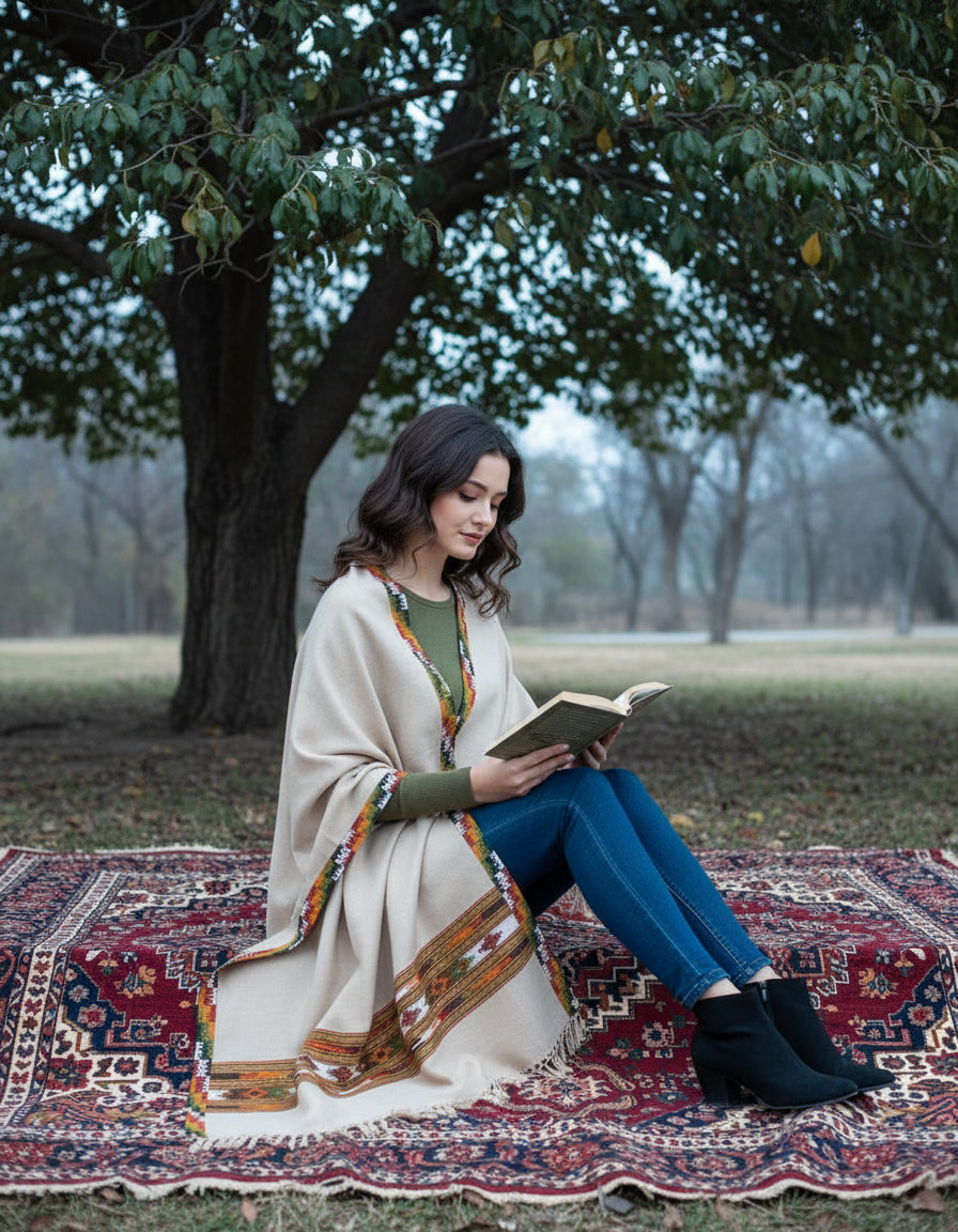 Authentic Kullu Handloom Hand Woven | Wool Kullu Shawl – Cream | Women |