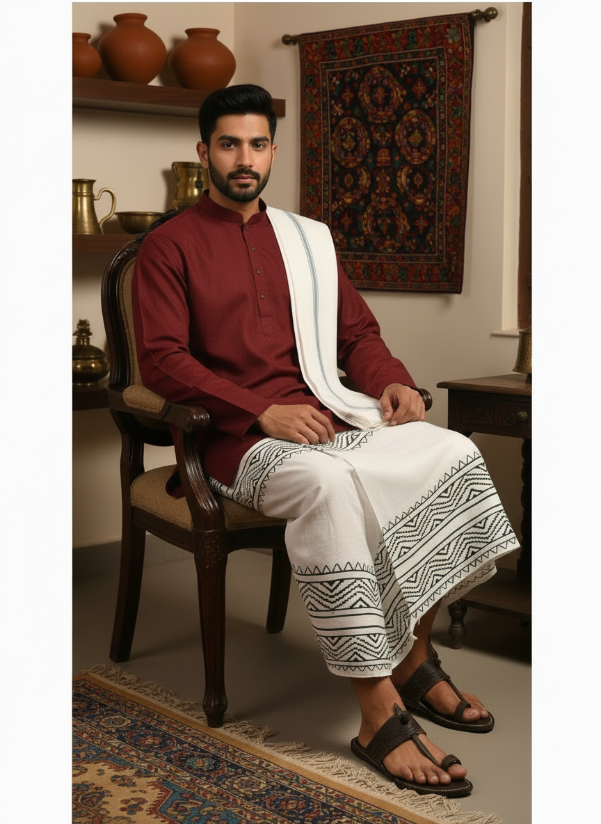 Kora Khaadi Dhoti - Lungi | Veshti | Pancha Wrap - White
