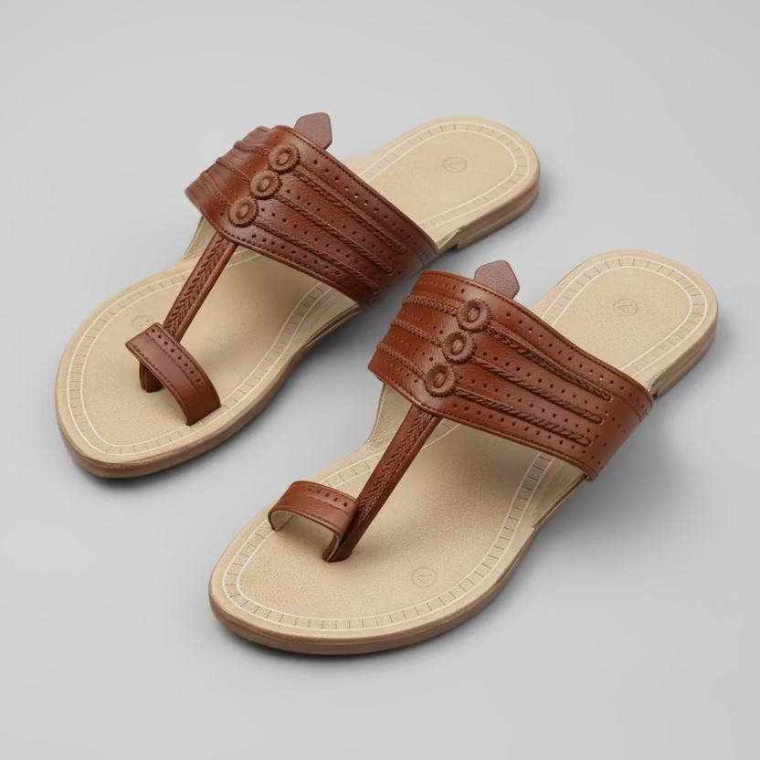 Pair of brown sandals with a beige sole on a light gray background