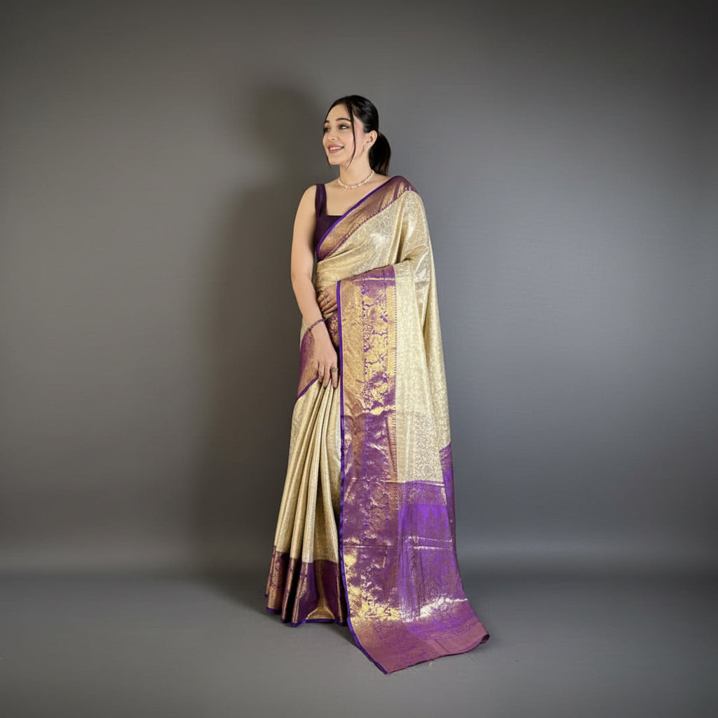 Woman wearing a traditional saree with a purple and gold pattern in a room setting.