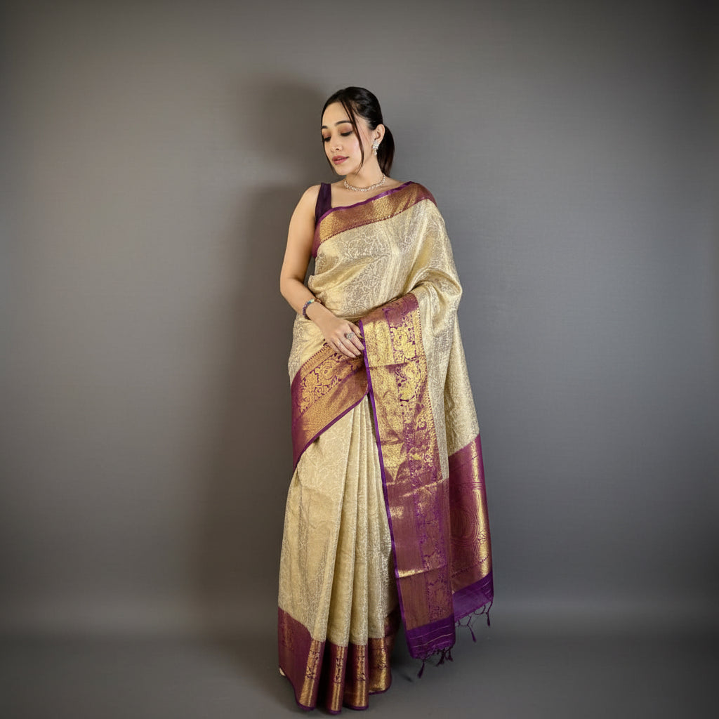 Woman wearing a traditional saree with a gold and purple design against a plain background