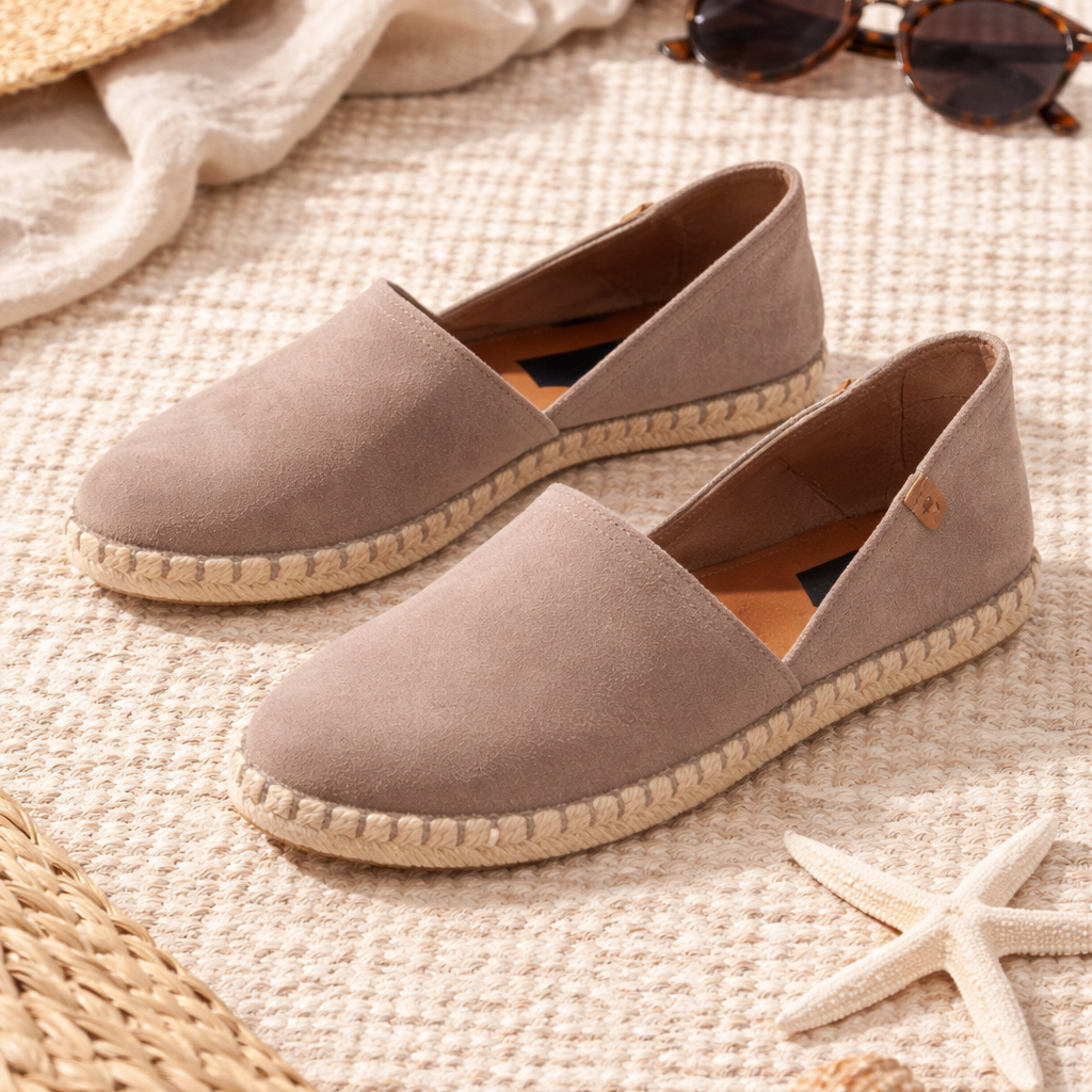 Pair of beige espadrilles on a textured surface with sunglasses and starfish in the background.