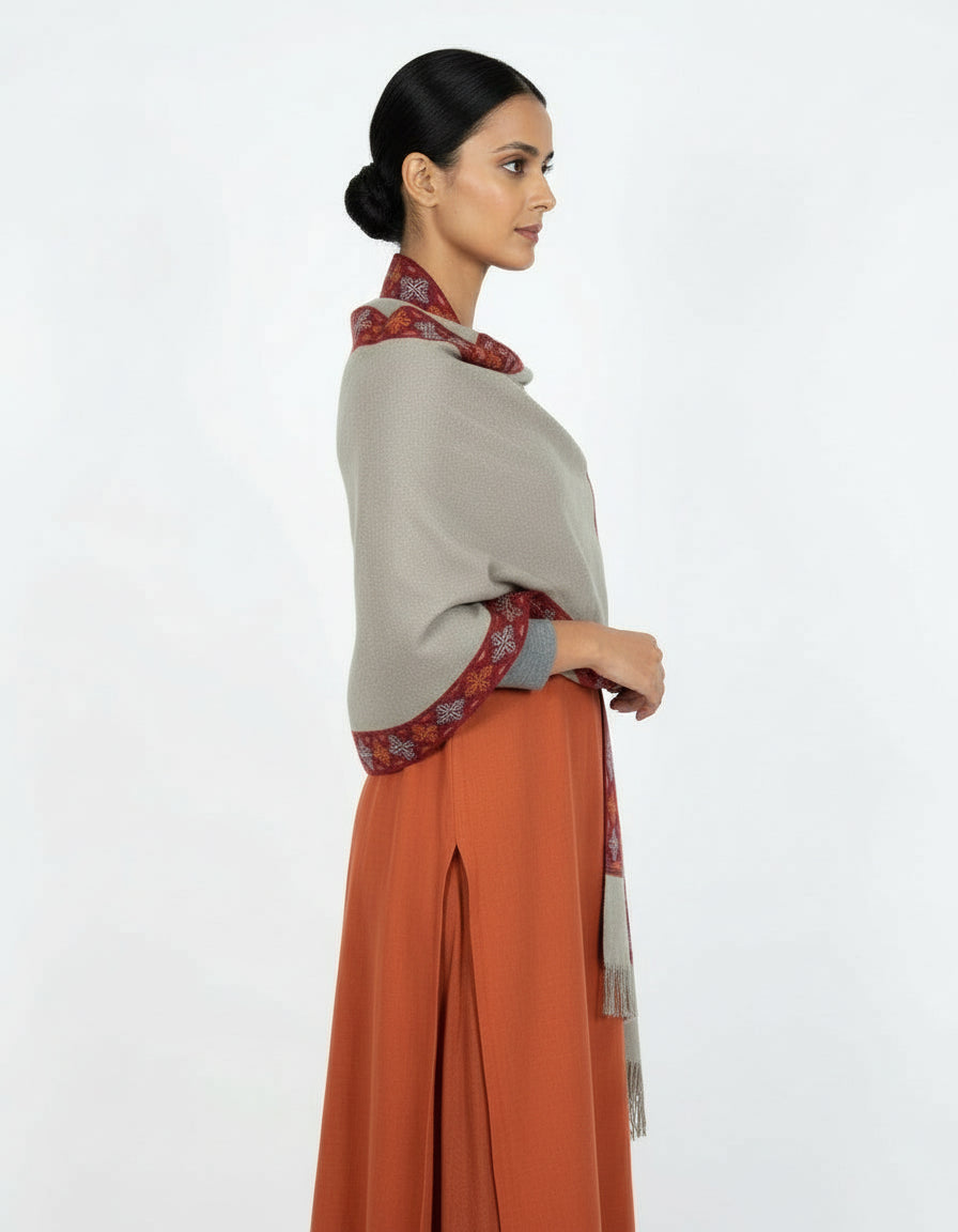 Artisanal Crafted Kinnauri Woolen Shawl for Women – Light Grey | Women