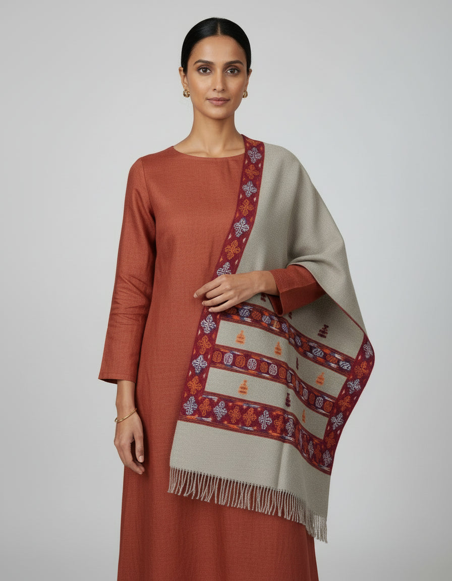 Artisanal Crafted Kinnauri Woolen Shawl for Women – Light Grey | Women