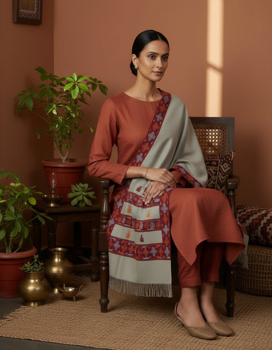 Artisanal Crafted Kinnauri Woolen Shawl for Women – Light Grey | Women