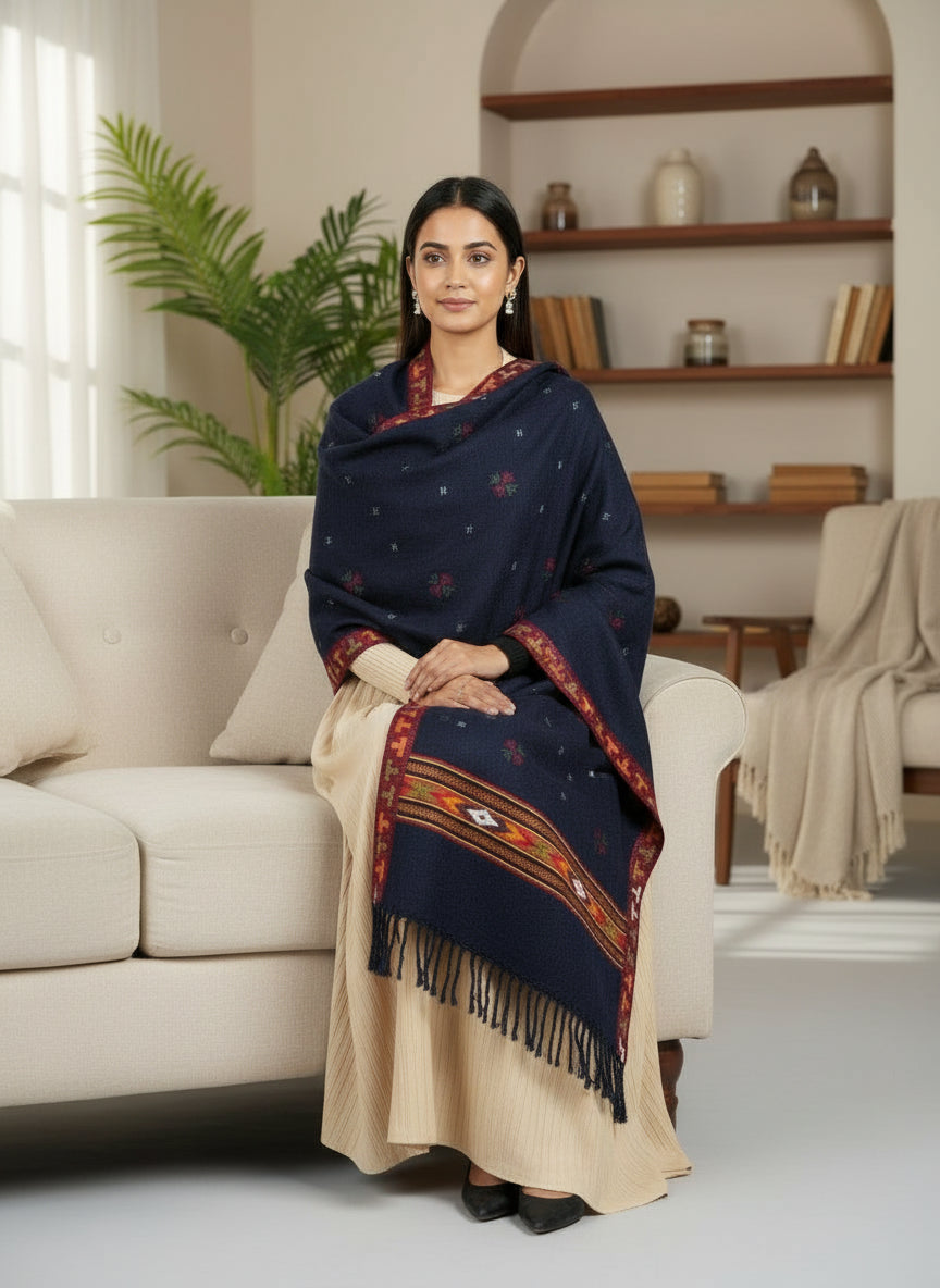 Exquisite Hand Loomed Blue Wool Women’s Shawl – Kullu | Women