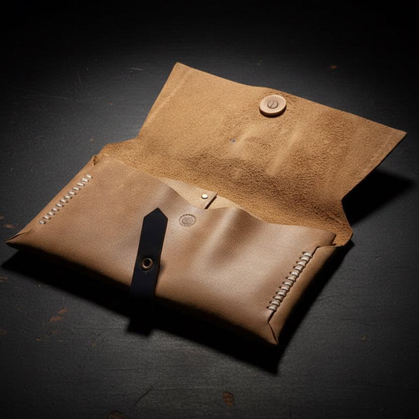 Brown leather clutch with button details on a beige background