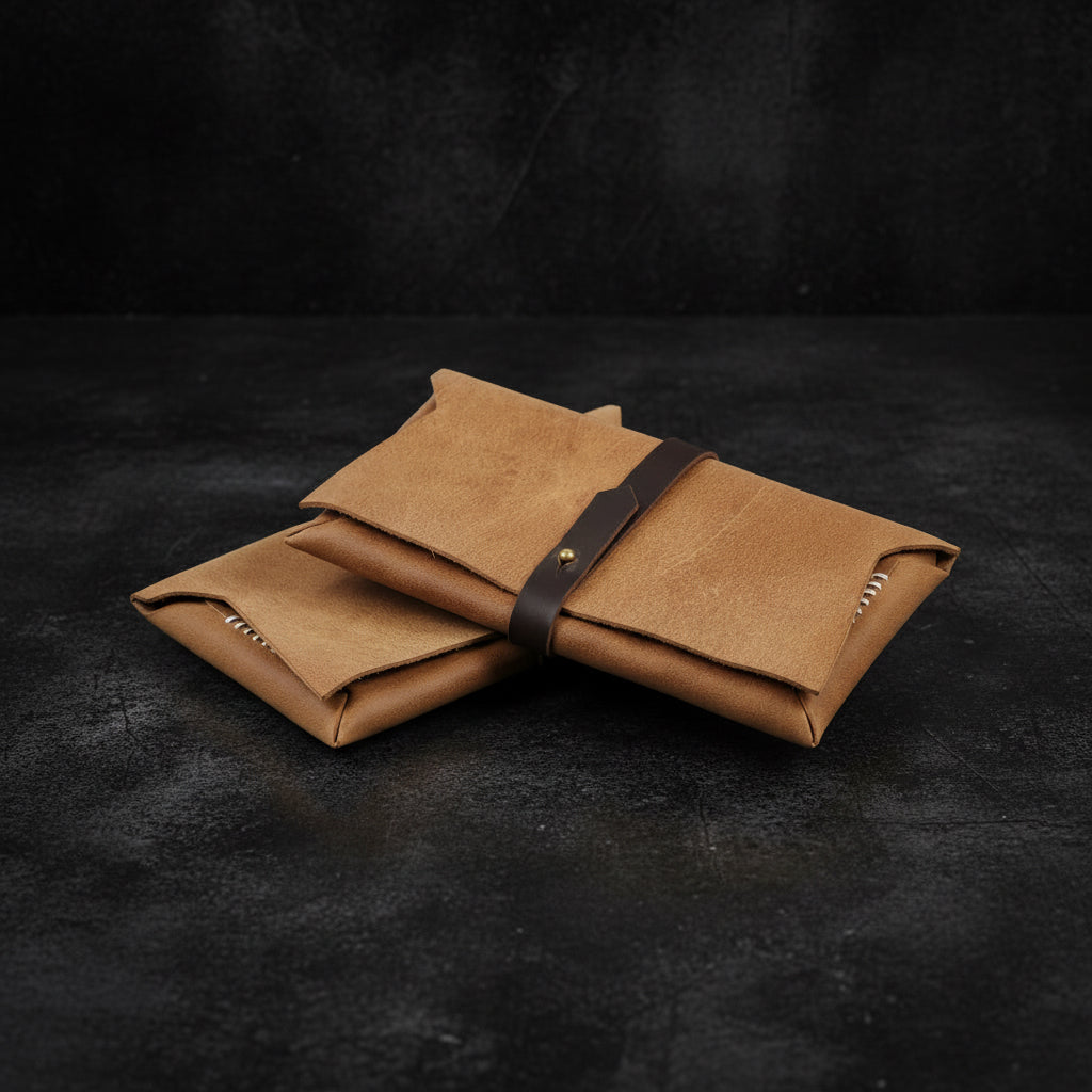 Brown fabric pouch with a black strap on a white background