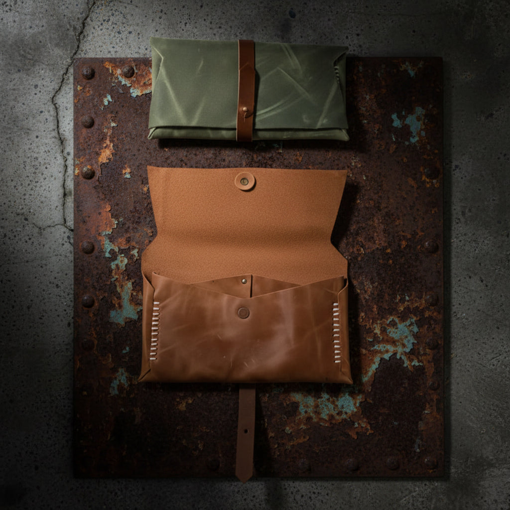 Two leather pouches, one green and one brown, on a light gray background.