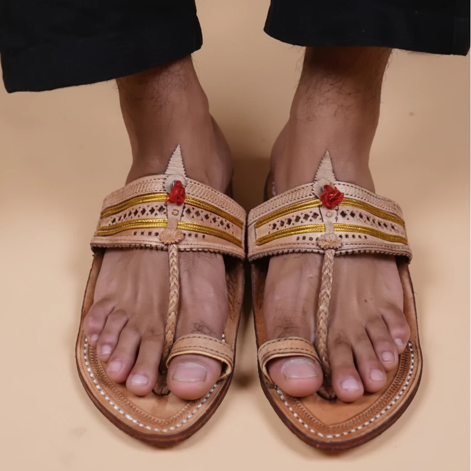 Pair of traditional sandals with decorative elements on a beige background