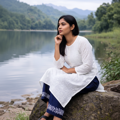 Collage of a man wearing a light blue shirt and dark blue pants with white embroidery, standing by a scenic lakeside.