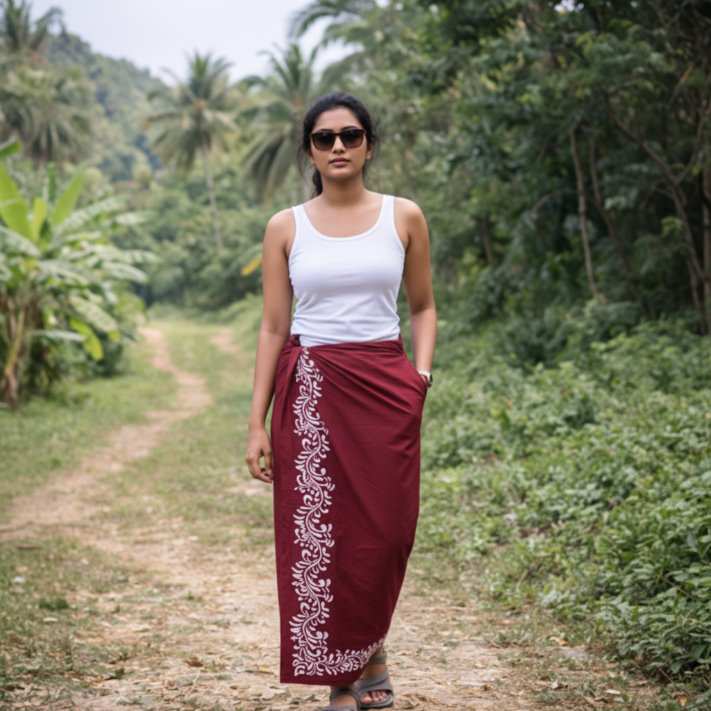 Collage of a man wearing a white shirt and red traditional pants in various outdoor settings.