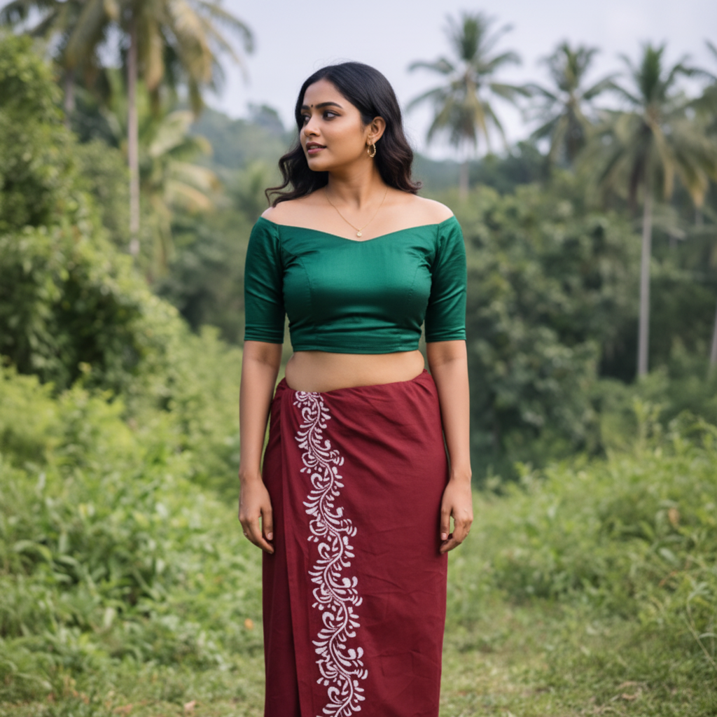 Woman wearing a green top and maroon skirt with white patterns in a natural setting