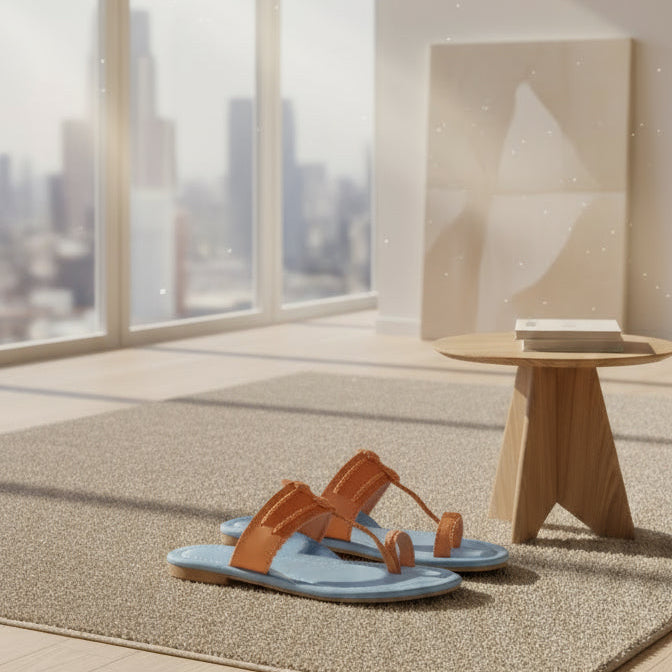 Modern room with large windows, rug, and abstract painting.