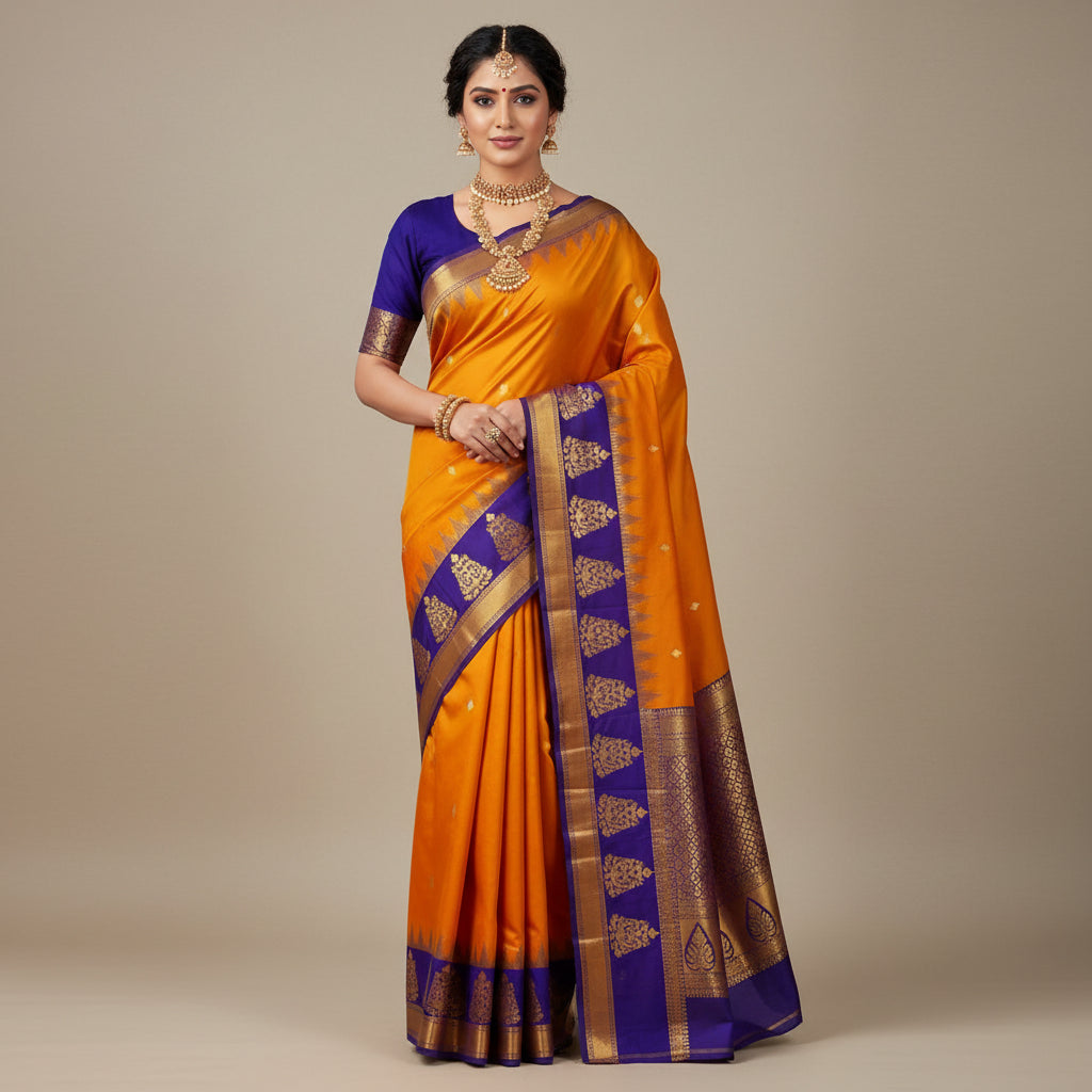 Orange saree with purple border and gold patterns on a white background